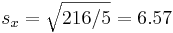 s_x=\sqrt{216/5}=6.57