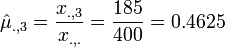 \hat{\mu}_{.,3} = \frac{x_{.,3}}{x_{.,.}}=\frac{185}{400}=0.4625