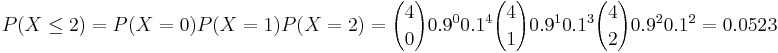P(X\le2)=P(X=0) P(X=1) P(X=2)= {4 \choose 0} 0.9^0 0.1^4   {4 \choose 1} 0.9^1 0.1^3 {4 \choose 2} 0.9^2 0.1^2= 0.0523