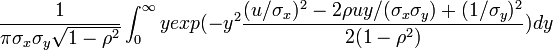 \frac{1}{\pi\sigma_x\sigma_y\sqrt{1-\rho^2}} \int_0^{\infty} {yexp(-y^2\frac{(u/\sigma_x)^2-2\rho uy/(\sigma_x\sigma_y)+(1/\sigma_y)^2}{2(1-\rho^2)})dy}