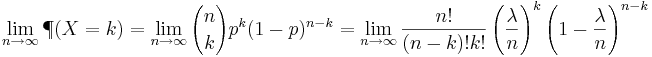 \lim_{n\to\infty} \P(X=k)=\lim_{n\to\infty}{n \choose k} p^k (1-p)^{n-k}
=\lim_{n\to\infty}{n! \over (n-k)!k!} \left({\lambda \over n}\right)^k \left(1-{\lambda\over n}\right)^{n-k}