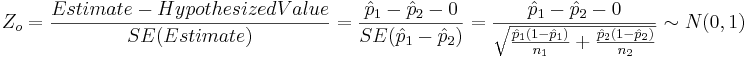 Z_o = {Estimate-HypothesizedValue\over SE(Estimate)} = {\hat{p}_1 - \hat{p}_2 - 0 \over SE(\hat{p}_1 - \hat{p}_2)} = {\hat{p}_1 - \hat{p}_2 - 0 \over \sqrt{{\hat{p}_1(1-\hat{p}_1)\over n_1} + {\hat{p}_2(1-\hat{p}_2)\over n_2}}} \sim N(0,1)