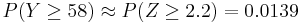 P(Y\geq 58) \approx P(Z\geq 2.2) = 0.0139