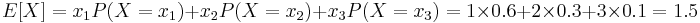 E[X] = x_1P(X=x_1) + x_2P(X=x_2)+x_3P(X=x_3) = 1\times 0.6 + 2\times 0.3 + 3\times 0.1 = 1.5