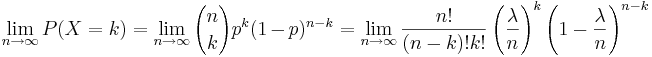\lim_{n\to\infty} P(X=k)=\lim_{n\to\infty}{n \choose k} p^k (1-p)^{n-k}
=\lim_{n\to\infty}{n! \over (n-k)!k!} \left({\lambda \over n}\right)^k \left(1-{\lambda\over n}\right)^{n-k}