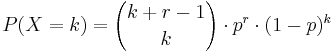  P(X=k) = {k+r-1 \choose k}\cdot p^r \cdot (1-p)^k \!