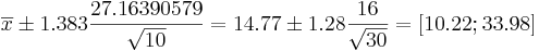 \overline{x}\pm 1.383{27.16390579\over \sqrt{10}}=14.77 \pm 1.28{16\over \sqrt{30}}=[10.22 ; 33.98]