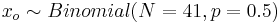 x_o \sim Binomial(N = 41, p = 0.5)
