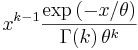 x^{k-1} \frac{\exp{\left(-x/\theta\right)}}{\Gamma(k)\,\theta^k}\,\!