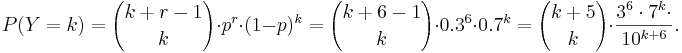  P(Y=k) = {k+r-1 \choose k}\cdot p^r \cdot (1-p)^k = {k + 6 - 1 \choose k} \cdot 0.3^6 \cdot 0.7^{k} = {k+5 \choose k} \cdot \frac{3^6 \cdot 7^{k} \cdot }{10^{k+6}} .