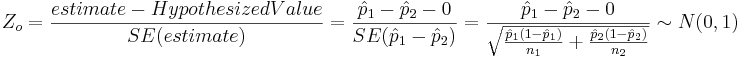 Z_o = {estimate-HypothesizedValue\over SE(estimate)} = {\hat{p}_1 - \hat{p}_2 - 0 \over SE(\hat{p}_1 - \hat{p}_2)} = {\hat{p}_1 - \hat{p}_2 - 0 \over \sqrt{{\hat{p}_1(1-\hat{p}_1)\over n_1} + {\hat{p}_2(1-\hat{p}_2)\over n_2}}} \sim N(0,1)