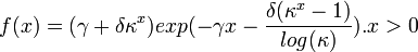  f(x) = (\gamma + \delta\kappa^x)exp(-\gamma x-\frac{\delta
(\kappa^x-1)}{log(\kappa)}). x>0 \!