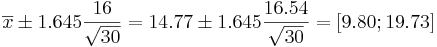 \overline{x}\pm 1.645{16\over \sqrt{30}}=14.77 \pm 1.645{16.54\over \sqrt{30}}=[9.80;19.73]