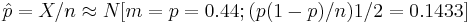 \hat{p} = X/n \approx N [m = p = 0.44; (p(1-p)/n)1/2=0.1433]