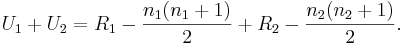 U_1 + U_2 = R_1 - {n_1(n_1+1) \over 2} + R_2 - {n_2(n_2+1) \over 2}. \,\!