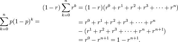 \sum_{k=0}^{n} p(1-p)^k = \begin{align}
(1-r) \sum_{k=0}^{n} r^k & = (1-r)(r^0 + r^1+r^2+r^3+\cdots+r^n) \\
                          & = r^0 + r^1+r^2+r^3+\cdots+r^n \\
                          & -( r^1+r^2+r^3+\cdots +r^n + r^{n+1}) \\
                          & = r^0 - r^{n+1} = 1 - r^{n+1}.
\end{align}