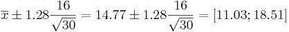 \overline{x}\pm 1.28{16\over \sqrt{30}}=14.77 \pm 1.28{16\over \sqrt{30}}=[11.03;18.51]