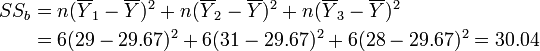 
\begin{align}
SS_b &= n(\overline{Y}_1-\overline{Y})^2+n(\overline{Y}_2-\overline{Y})^2+n(\overline{Y}_3-\overline{Y})^2\\
&= 6(29-29.67)^2+6(31-29.67)^2+6(28-29.67)^2=30.04
\end{align}
