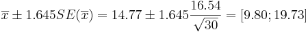 \overline{x}\pm 1.645SE(\overline{x})=14.77 \pm 1.645{16.54\over \sqrt{30}}=[9.80;19.73]