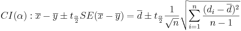 CI(\alpha): \overline{x}-\overline{y} \pm t_{\alpha\over 2} SE(\overline {x}-\overline{y}) = \overline{d} \pm t_{\alpha\over 2} {1\over \sqrt{n}} \sqrt{\sum_{i=1}^n{(d_i-\overline{d})^2\over n-1}}