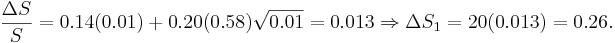  \frac{\Delta S}{S} =  0.14 (0.01) + 0.20 (0.58) \sqrt{0.01}= 0.013 \Rightarrow  \Delta S_1= 20(0.013)=0.26. 