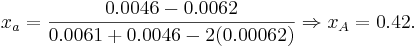 
x_a=\frac{0.0046-0.0062}{0.0061+0.0046-2(0.00062)} \Rightarrow x_A=0.42.
