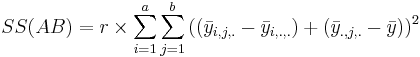 SS(AB)=r\times \sum_{i=1}^{a}{\sum_{j=1}^{b}{((\bar{y}_{i, j,.}-\bar{y}_{i, .,.})+(\bar{y}_{., j,.}-\bar{y}))^2}}