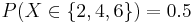 P(X \in \{2, 4, 6 \}) = 0.5