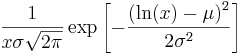 \frac{1}{x\sigma\sqrt{2\pi}}\exp\left[-\frac{\left(\ln(x)-\mu\right)^2}{2\sigma^2}\right]