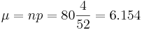  \mu=np=80\frac{4}{52}=6.154 
