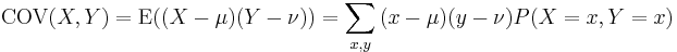 \operatorname{COV}(X, Y) = \operatorname{E}((X - \mu) (Y - \nu))=\sum_{x,y}{(x-\mu)(y-\nu)P(X=x,Y=x)} \,