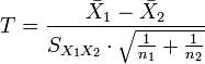 T = \frac{\bar {X}_1 - \bar{X}_2}{S_{X_1X_2} \cdot \sqrt{\frac{1}{n_1}+\frac{1}{n_2}}}