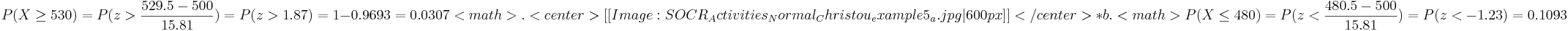 P(X \ge 530)=P(z > \frac{529.5-500}{15.81})=
P(z>1.87)=1-0.9693=0.0307<math>.
<center>[[Image: SOCR_Activities_Normal_Christou_example5_a.jpg|600px]]</center>
*b.<math>P(X \le 480)=P(z < \frac{480.5-500}{15.81})=
P(z<-1.23)=0.1093