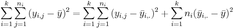 \sum_{i=1}^{k}{\sum_{j=1}^{n_i}{(y_{i,j} - \bar{y})^2}} = \sum_{i=1}^{k}{\sum_{j=1}^{n_i}{(y_{i,j} - \bar{y}_{i,.})^2}} + \sum_{i=1}^{k}{n_i(\bar{y}_{i,.} - \bar{y})^2}