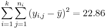 \sum_{i=1}^{k}{\sum_{j=1}^{n_i}{(y_{i,j} - \bar{y})^2}}=22.86