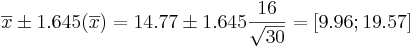 \overline{x}\pm 1.645(\overline{x})=14.77 \pm 1.645{16\over \sqrt{30}}=[9.96;19.57]